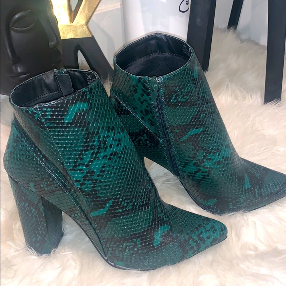 Green snake skin heeled booties